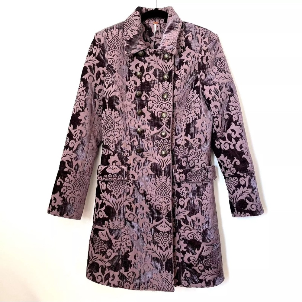 Free People Downtown Brocade Tapestry Longline Peacoat Jacket 10 Plum Purple